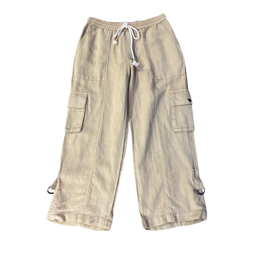 Nicole Miller Linen Blend Cropped Pants Womens L Tan Drawstring Used - Picture 13 of 16